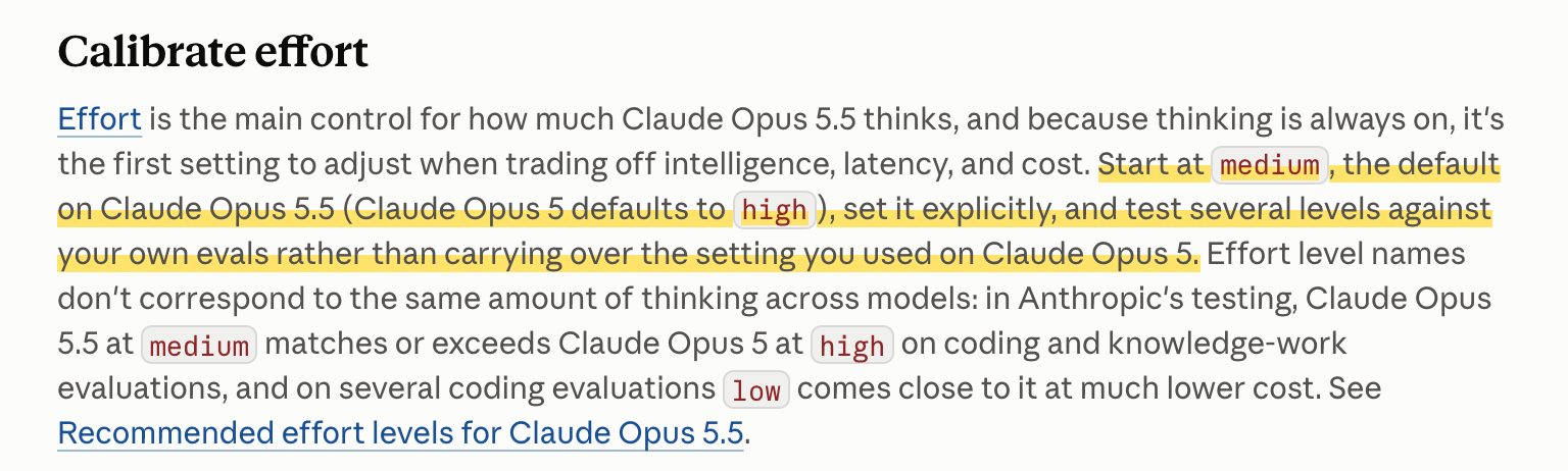 公式ドキュメント「Prompting Claude Opus 5.5」のCalibrate effort該当箇所。medium から始め、Opus 5 で使った設定を持ち越さず自分の eval で複数水準を試すよう書かれている