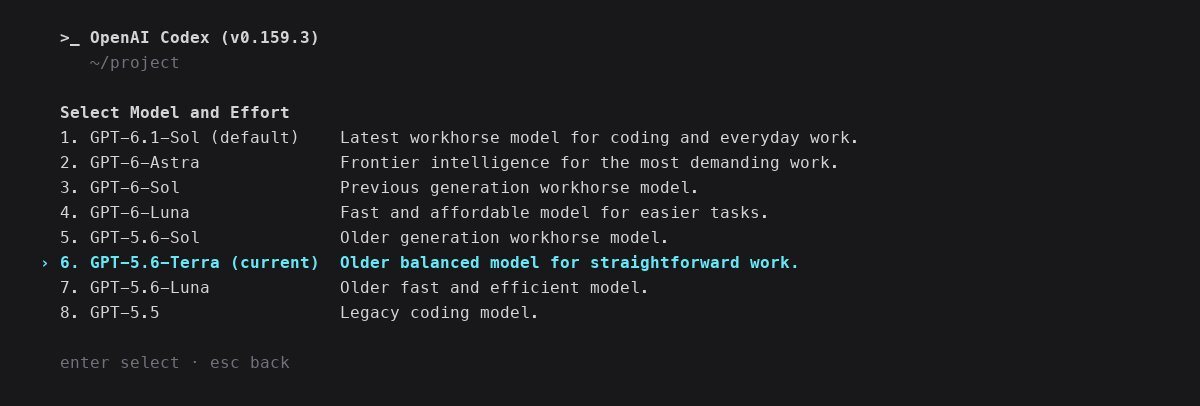 Codex CLI 0.159.3 で /model を開いた画面。GPT-6.1-Sol が既定のモデルとして選択肢に出ている